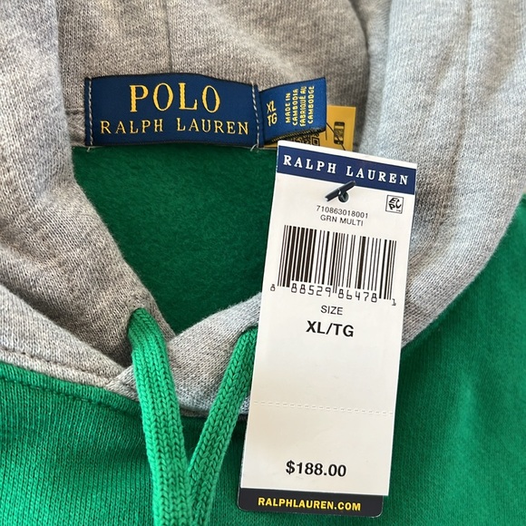 🎉Host Pick🎉Polo Ralph Lauren Green Polo Bear Hoodie w/ Navy Striped Sleeves XL - Picture 11 of 13